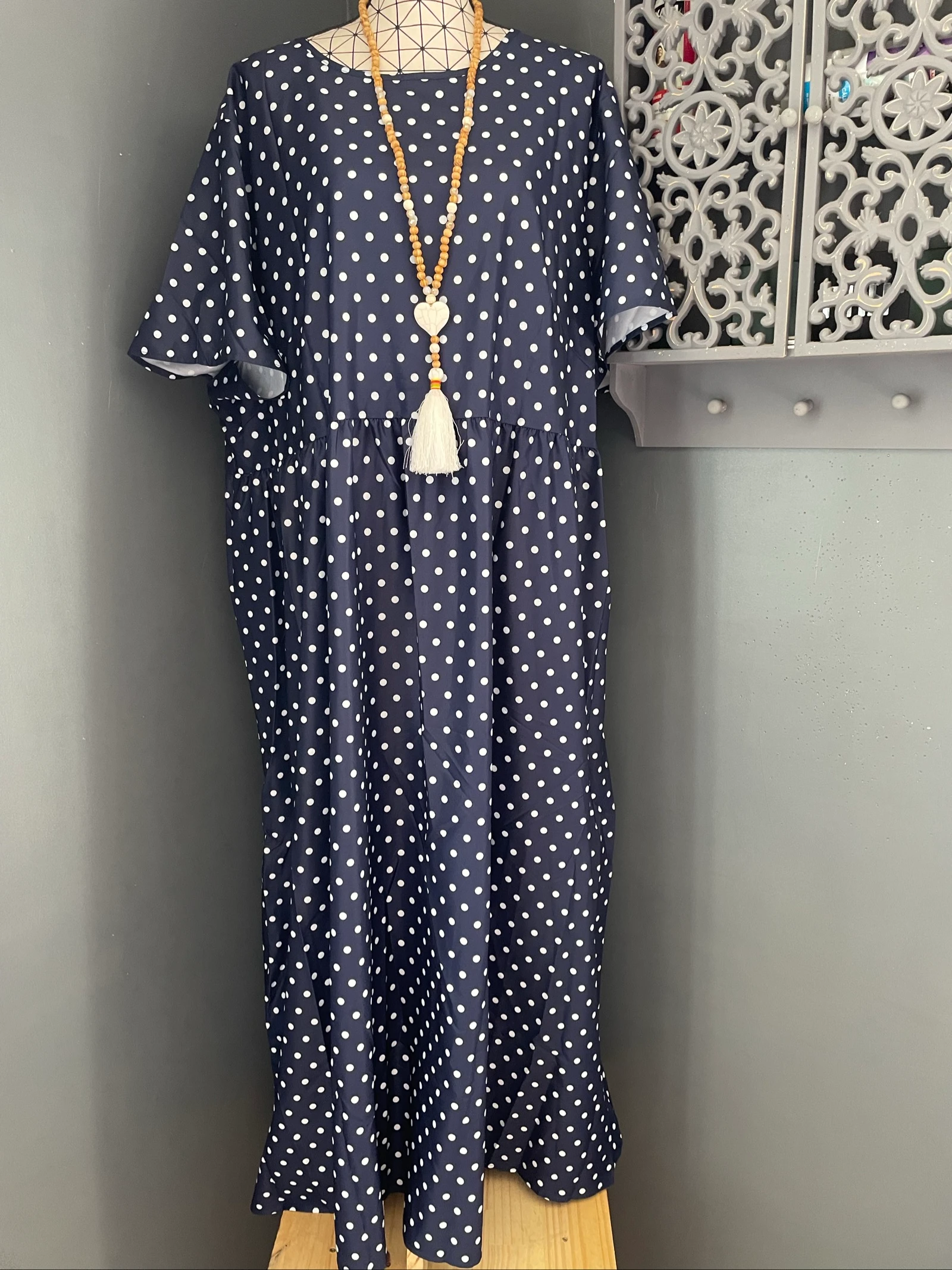 💖 vestido longo azul marinho com poás brancos plus size 54 fluido chique mangas curtas 💖 – photo 6